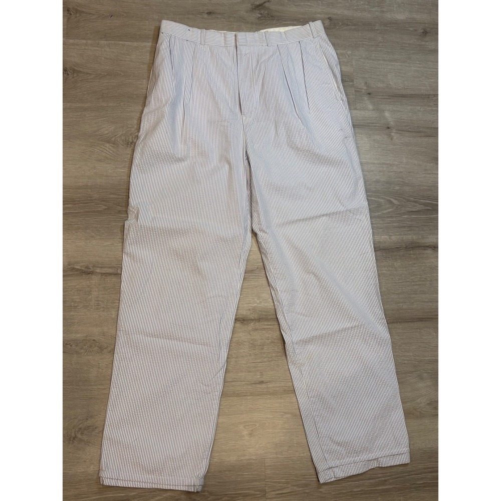 Polo Ralph Lauren Men 38T‎ x 32 Seersucker Pleated Pants Blue White Striped Tall
